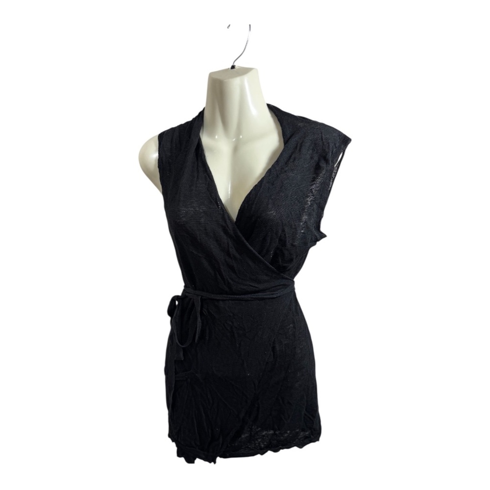 Cassis Wrap Top Womens Size Small Black Linen Knit Tie Lightweight Goth Gypsy